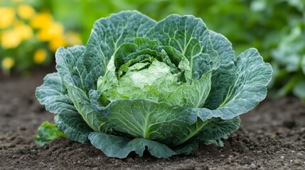 A close-up of a single head of green cabbage growing in a garden.