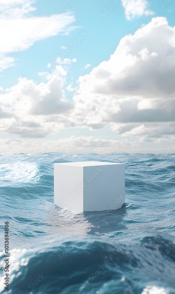 Poster 48. a minimalist 3d scene showcasing a white cube podium adrift over the ocean, set against an abstr