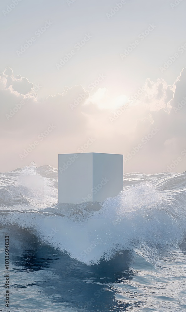Poster 48. a minimalist 3d scene showcasing a white cube podium adrift over the ocean, set against an abstr