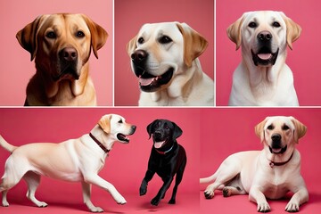 Array of Spirited Labradors: Portrait, Chasing, and Lounging on Soft Pink Background