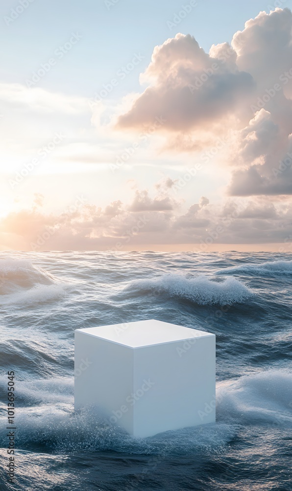 Poster 48. a minimalist 3d scene showcasing a white cube podium adrift over the ocean, set against an abstr
