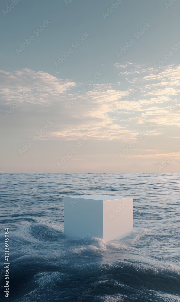 Poster 48. a minimalist 3d scene showcasing a white cube podium adrift over the ocean, set against an abstr