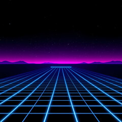A digital landscape featuring a neon grid under a purple sky with stars, capturing the essence of 80s-style synthwave and cyberpunk aesthetics in a serene, otherworldly night scene