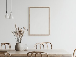 A simple dining area with wooden elements and minimalist decor. The space exudes elegance and natural light enhances its chic interior.