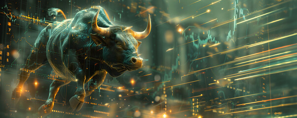 Stock market bull trading up, bullish. Symbolizing rising stock market, uptrend. Green colored. Abstract, modern concept of wall street business, bull market trader, crypto currency trading.