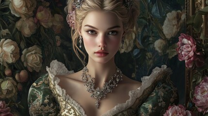 A beautiful woman with blonde hair and green dress, wearing a diamond necklace and earrings, poses in front of a floral background.