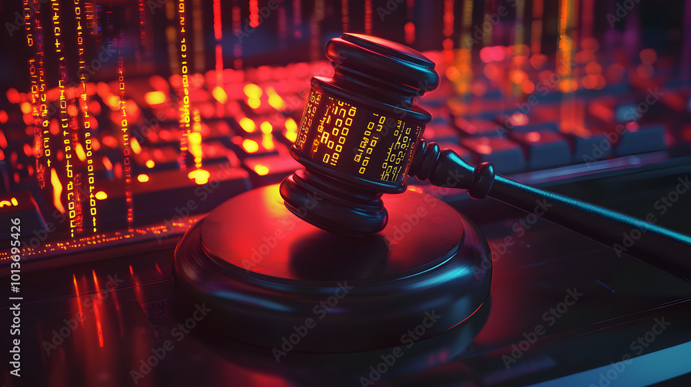 Poster a gavel with binary code symbols, placed on a glowing keyboard, representing cyber law and justice