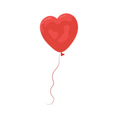 Heart-shaped balloon in red colour. Flying balloon with rope on white background. Vector icon for festive mood for birthday and party.
