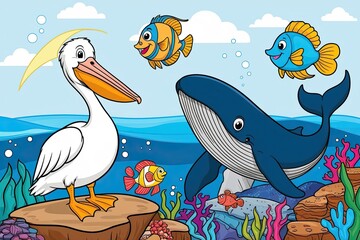 Obraz premium Pelagic Wonders - Cute Pelican, Joyous Manta Ray, Colorful Angelfish, and Gigantic Blue Whale for Children�s Cartoon Coloring Book