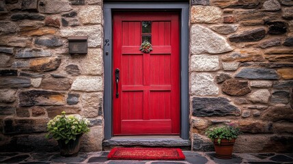 A charming red door framed by stone walls and potted plants, inviting warmth and a sense of home.