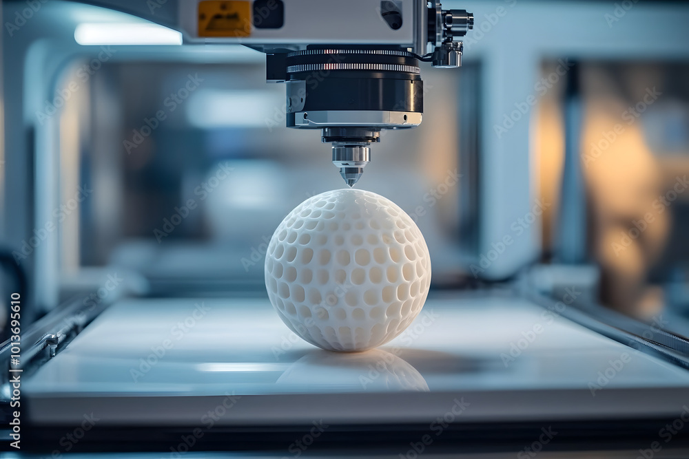 Poster a 3d printer is creating a white sphere. the sphere is being made of plastic and is being printed in