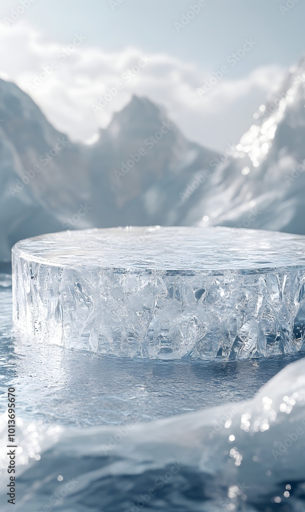 Poster 49. a stunning 3d ice podium set against a frosty backdrop, featuring intricate ice textures and a s