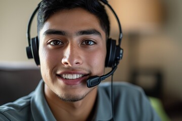 Young hispanic man smiles at camera wearing black headset microphone in home office. Dark hair, gray armchair, blurred background. Cozy living room setting.