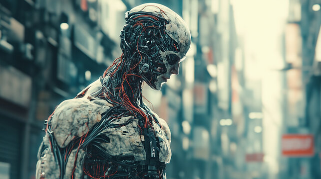 A futuristic humanoid bio-robot seamlessly blending human and machine elements, standing in a high-tech urban setting.