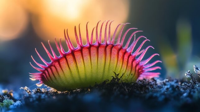 A close-up of a Venus flytrap plant with its trap open, revealing its red and green interior against a blurred background of a sunset.