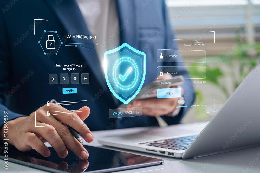 Fototapete cybersecurity with otp and data protection. business professional using two-factor authentication, f