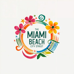 Miami Street Watercolor Emblem with Colorful Lettering for Tropical Branding