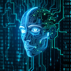 a human-like face with circuit patterns, symbolizing AI. The blue tones and electronic lines highlight advanced technology and the fusion of human and digital elements