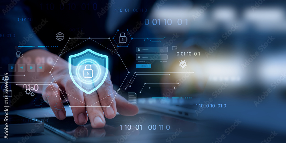 Leinwandbilder Cybersecurity and digital data protection, digital cybersecurity interface featuring secure login authentication, data protection shield, and encrypted binary code elements.