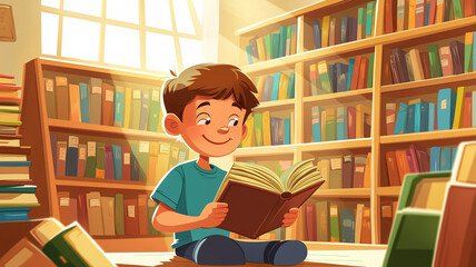 cheerful boy in a bright classroom library, surrounded by shelves of books, animatedly reading a storybook, cartoon vector illustration,
