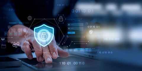 Cybersecurity and digital data protection, digital cybersecurity interface featuring secure login...