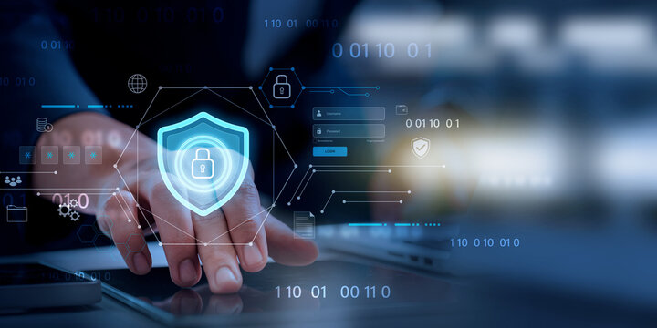 Cybersecurity and digital data protection, digital cybersecurity interface featuring secure login authentication, data protection shield, and encrypted binary code elements.