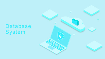 Database system, data storage, data network management and cloud computing technology concept with laptop isometric on light blue background