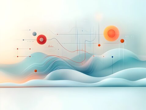 Ethereal and meditative digital vista featuring flowing forms abstract geometric patterns and data analysis visualization elements  Surreal and futuristic landscape with cool hues and muted tones