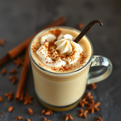 Aromatic Spiced Coffee with Whipped Cream in Glass Mug