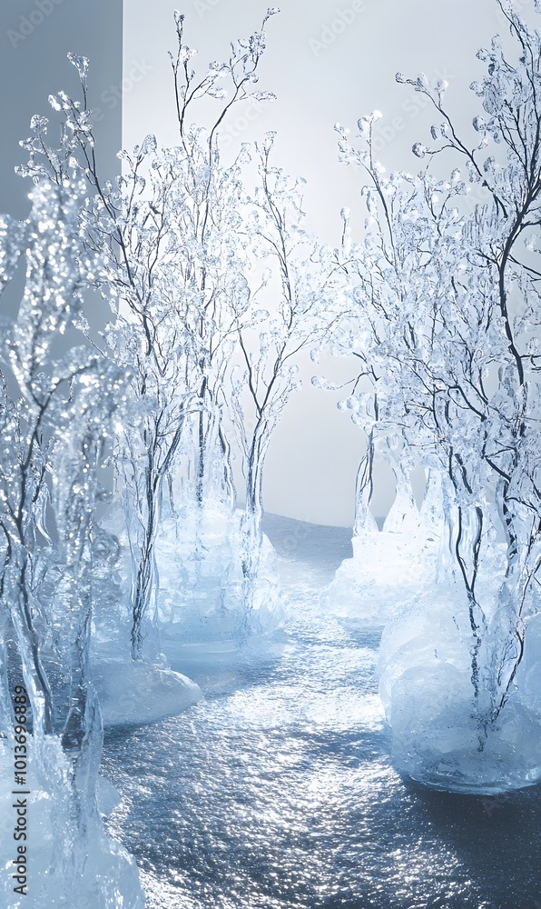 Poster made of ice, surrounded by a delicate winter atmosphere, featuring shimmering textures and soft shad