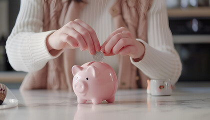 Woman putting coin into piggy bank at white table indoors, closeup