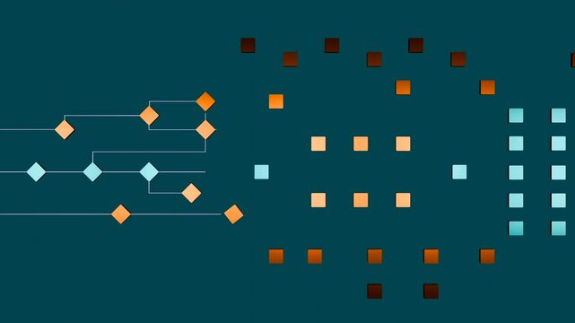 Node tree, concept, industrial process, decission, connection. Lines direction, connected with orange  and blue squares, network.