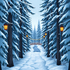 Snowy Evening Path with Lanterns Leading to Bridge