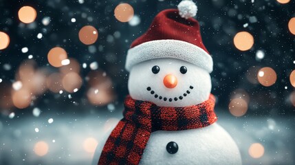 Fototapeta premium Snowman with Red Hat and Scarf in Snowy Night with Bokeh Lights
