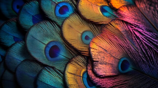 A close-up of vibrant peacock feathers with a focus on their intricate patterns and iridescent colors.