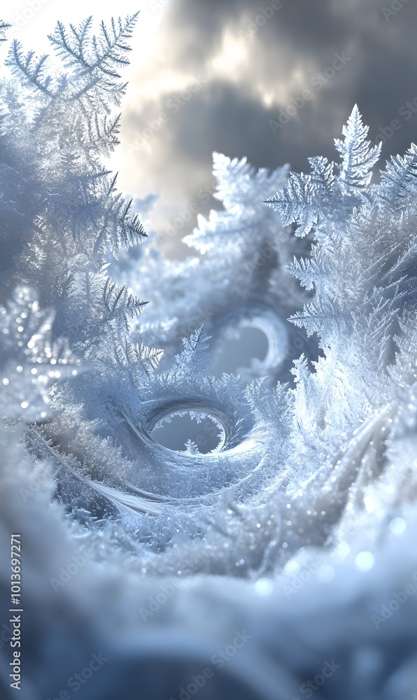 Poster 43. an imaginative winter landscape in 3d, featuring dreamlike ice crystals and flowing snow pattern