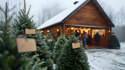 Cozy Christmas Tree Farm in Snowy Winter Setting
