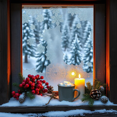 Cozy Winter Evening with Hot Chocolate by Frosted Window
