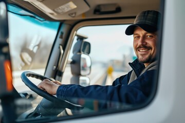 Man in blue jacket and black cap drives white truck on road. Smiling, looking out window. Yellow traffic sign in distance. Professional truck driver at work, happy on highway.
