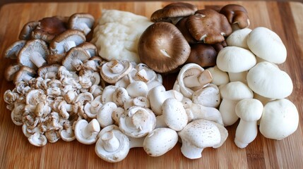 A variety of mushrooms displayed on a wooden cutting board, showcasing different types for culinary use.