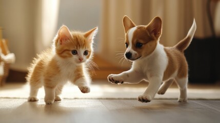 Obraz premium Playful Kitten and Puppy Encounter