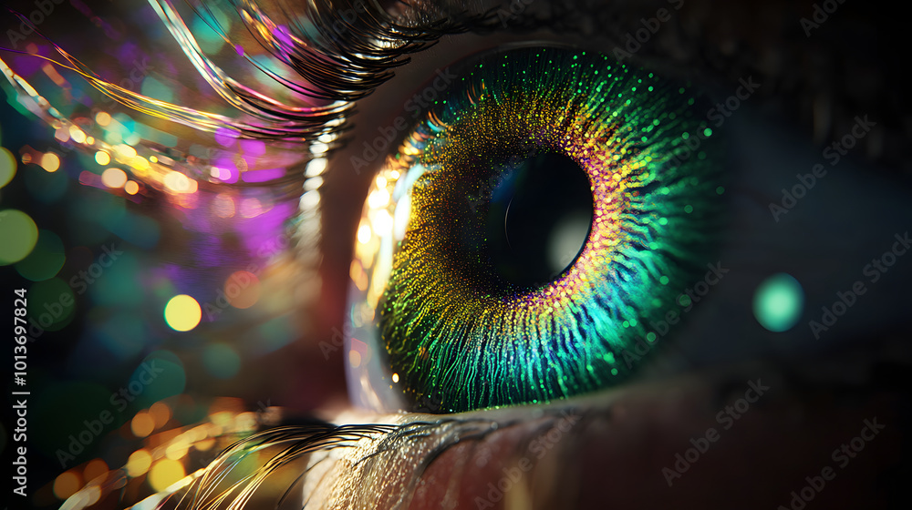 Poster human multicolored iris of the eye animation concept. rainbow lines after a flash scatter out of a b