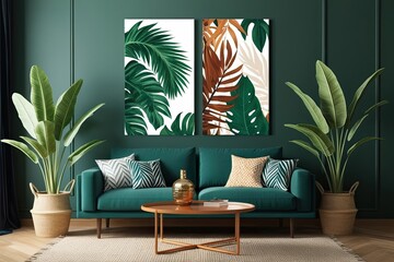 Lush and Vibrant Profiles of Tropical Plants on Canvas: Contemporary Decor with Emerald, Ivory, Sienna, and Navy Tones