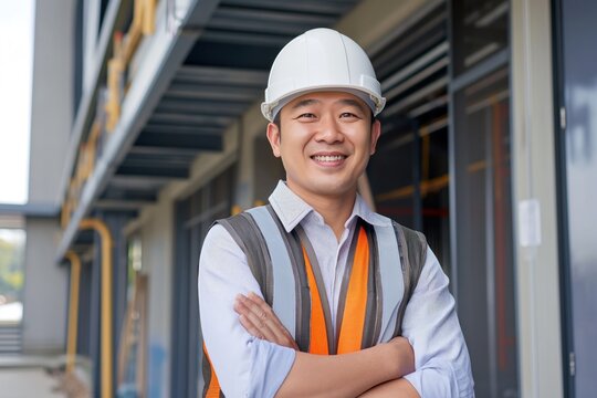Asian male construction worker stands confidently outside building in hard, vest, arms crossed, looking directly at camera. Construction site background with building under construction in distance.