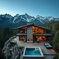 Modern luxury mountain home with stunning evening views, infinity pool, and serene forest backdrop. Perfect for a tranquil vacation retreat or high-end real estate investment

