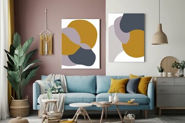 Vibrant Interior Artwork in Periwinkle Mustard White and Gray Shades on Rich Canvas