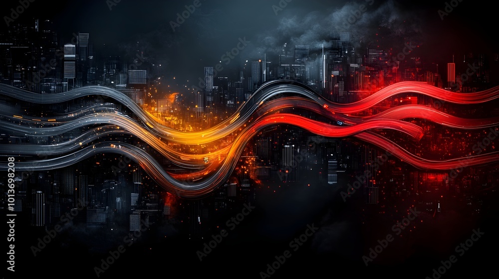 Poster experimental abstract representation of the dynamic transportation grid in a futuristic city with an