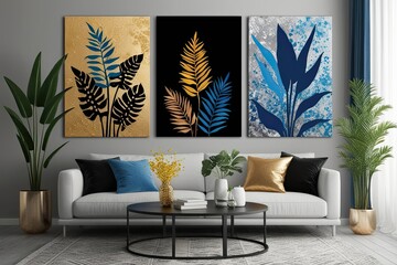 Silhouettes of Beautiful Colourful Plants on Canvas with Gold, Black, Blue, and Gray for Modern Interior Decoration