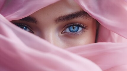 Fototapeta premium Blue eyes peek through a soft pink scarf, reflecting light and conveying deep emotions, creating a captivating visual moment. Generative AI