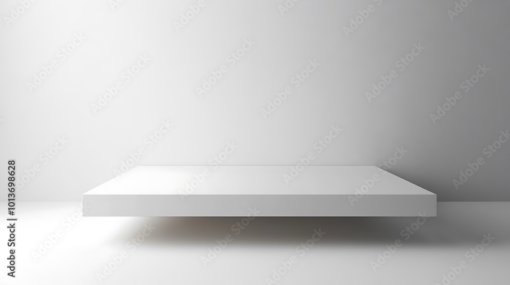 Poster a simple white platform in a minimalist, empty white room, creating a clean, uncluttered backdrop fo